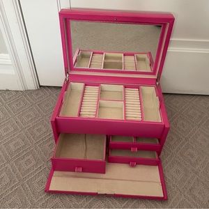 💗Pottery Barn Wolf  Mckenna Large Jewelry Box Hot Pink Leather - MINT CONDITION
